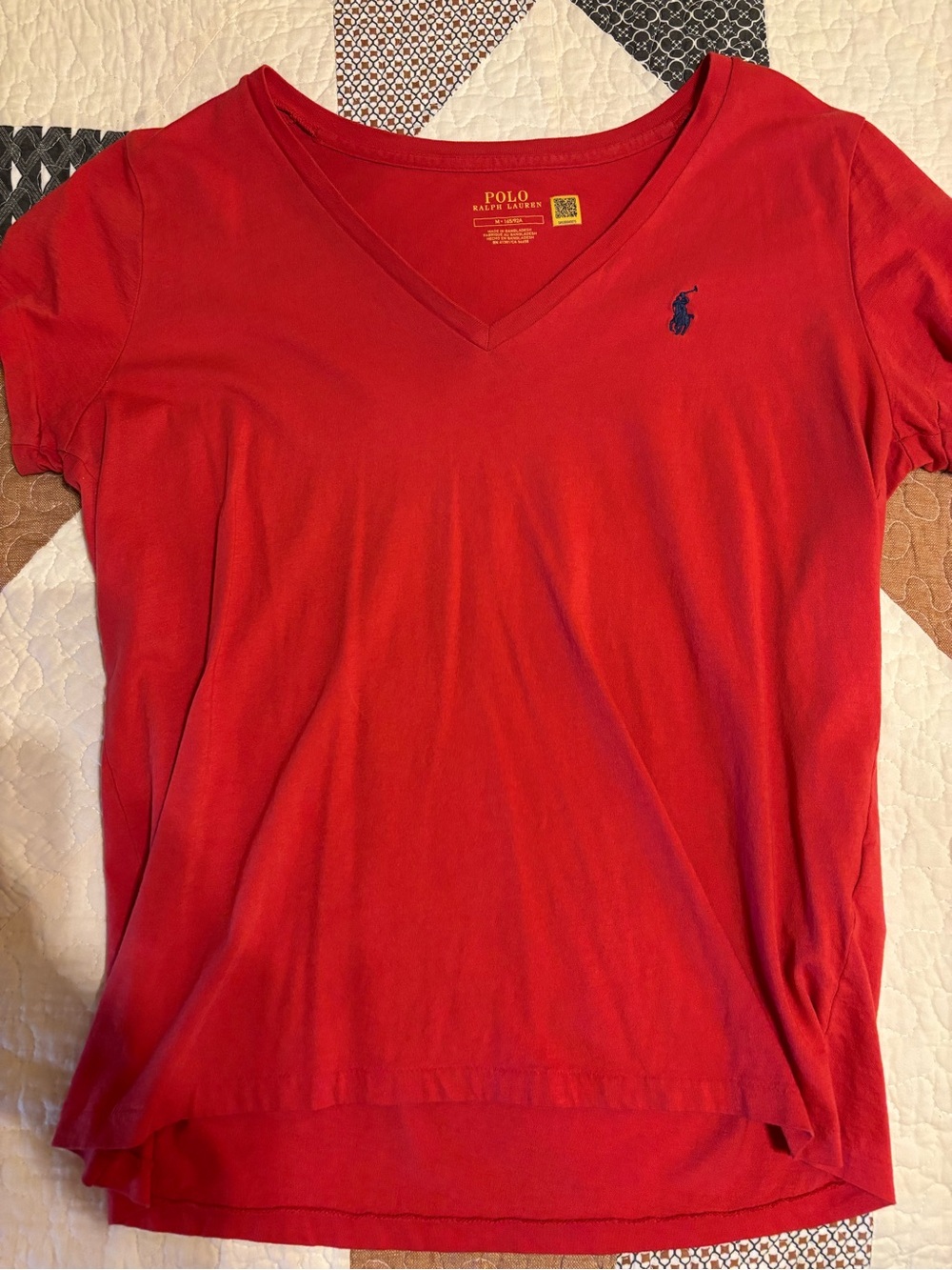 Polo by Ralph Lauren Red V-Neck Tee with Yellow Neck Print and Navy Blue Logo